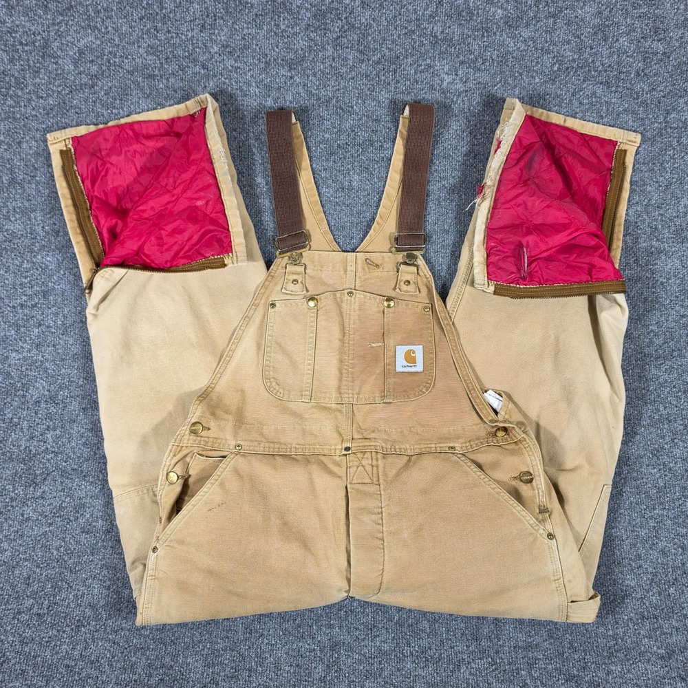 Vintage Carhartt 6FBQZ Quilt Lined Zip-to-Hip Bib Coveralls Brown 38x30 USA Made